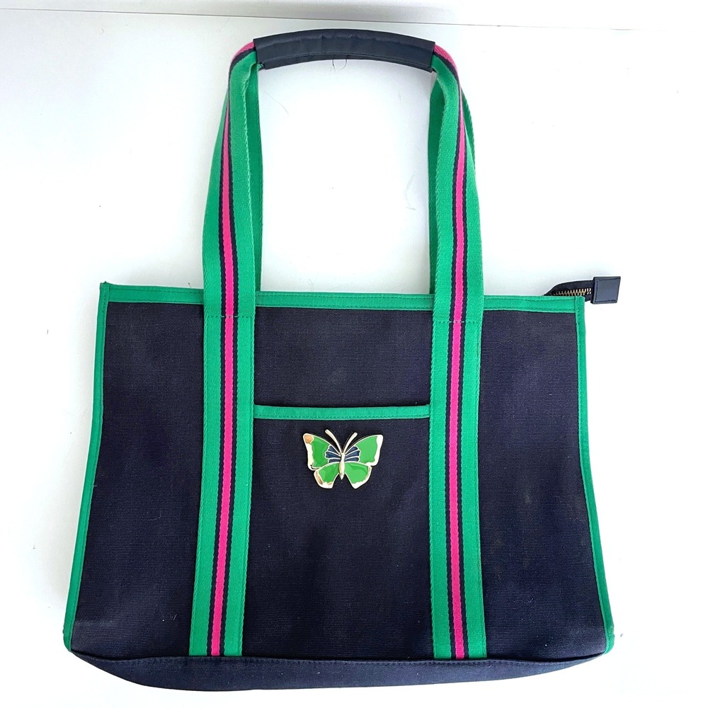 Talbots Canvas Butterfly Tote Bag Green Pink Striped Handle Leather and Cotton